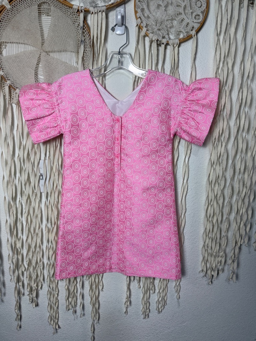 Janie and Jack Pink White Jacquard Shift Dress with Ruffle Sleeve Size 8 - Picture 2 of 10